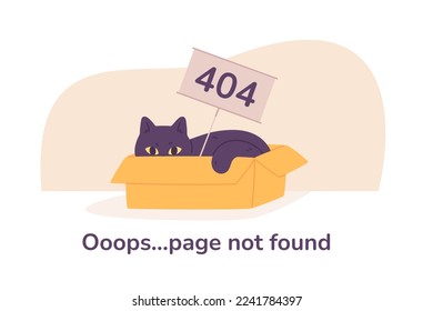 Cat error page. Asleep kitten in box with 404 sign, empty pages not found, computer internet trouble lost fail website, cartoon chubby kitty on white space vector illustration of page internet problem