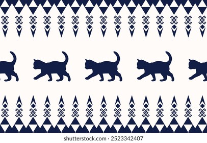 Diseño de patrón étnico de gato. Rayas azules, fondo blanco. Diseño para el Fondo de pantalla, alfombra, ropa, moda, tela.