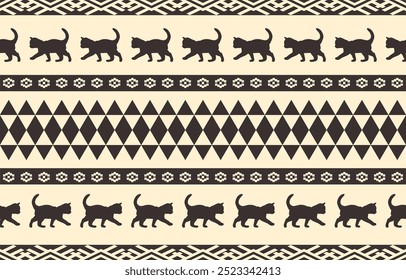 Projeto de padrão étnico do gato. Listras castanhas, fundo de creme.Design para papel de parede, tapete, roupas, moda, tecido.