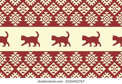 Diseño de patrón étnico de gato. rayas crema, fondo rojo. Diseño para Fondo de pantalla, alfombra, ropa, moda, tela.