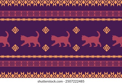 Diseño de patrón étnico de gato. Rayas anaranjadas, fondo púrpura oscuro. Diseño para Fondo de pantalla, alfombra, ropa, moda, tela.
