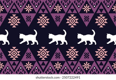 Diseño de patrón étnico de gato. Rayas blancas, fondo púrpura oscuro. Diseño para Fondo de pantalla, alfombra, ropa, moda, tela.