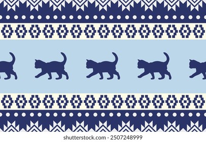 Cat ethnic pattern design. White stripes, blue background.Design for wallpaper,carpet, clothing, fashion, fabric.