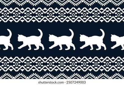 Cat ethnic pattern design. White stripes, darkgreen background.Design for wallpaper,carpet, clothing, fashion, fabric.