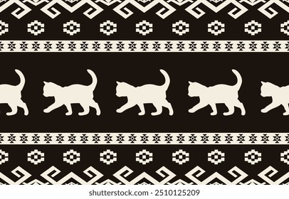 Cat ethnic pattern design. White stripes, darkbrown background.Design for wallpaper,carpet, clothing, fashion, fabric.