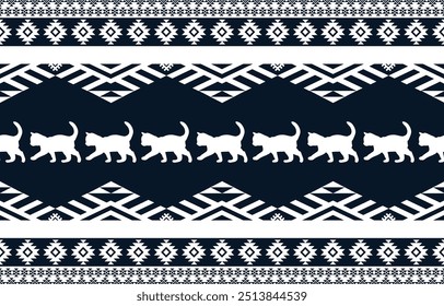 Cat ethnic pattern design. White stripes, darkblue background.Design for wallpaper,carpet, clothing, fashion, fabric.