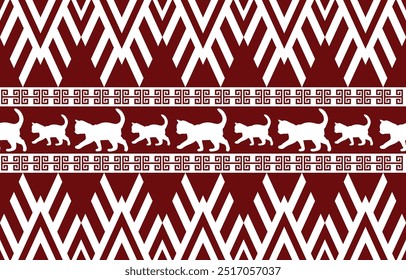 Cat ethnic pattern design. white stripes, darkred background.Design for wallpaper,carpet, clothing, fashion, fabric.