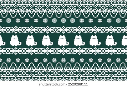 Cat ethnic pattern design. white stripes, green background.Design for wallpaper,carpet, clothing, fashion, fabric.