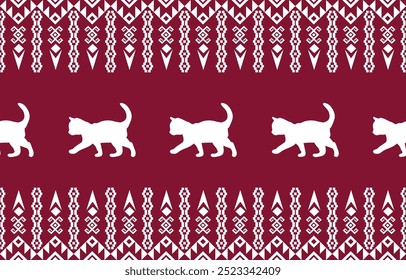 Cat ethnic pattern design. White stripes, red background.Design for wallpaper,carpet, clothing, fashion, fabric.