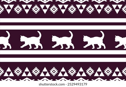 Cat ethnic pattern design. white stripes, purple background.Design for wallpaper,carpet, clothing, fashion, fabric.