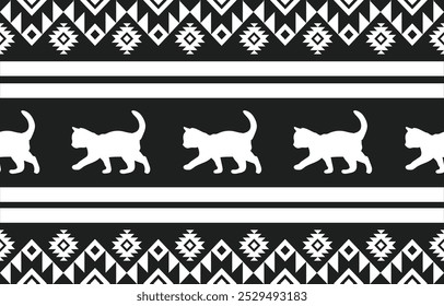 Cat ethnic pattern design. white stripes, dark background.Design for wallpaper,carpet, clothing, fashion, fabric.