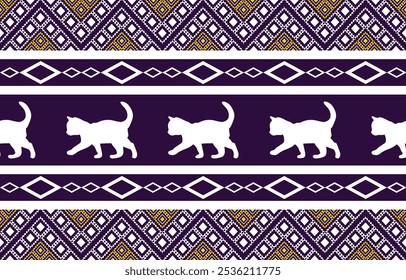 Cat ethnic pattern design. white stripes, purple background.Design for wallpaper,carpet, clothing, fashion, fabric.