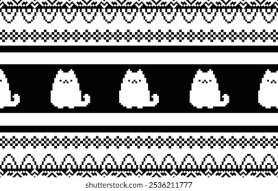 Cat ethnic pattern design. white stripes, black background.Design for wallpaper,carpet, clothing, fashion, fabric.