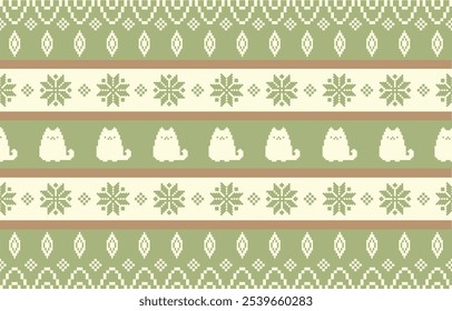 Cat ethnic pattern design. white stripes, green background.Design for wallpaper,carpet, clothing, fashion, fabric.