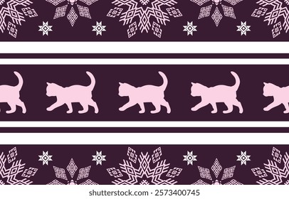 Cat ethnic pattern design. White stripes, darkblue background.Design for wallpaper,carpet, clothing, fashion, fabric.