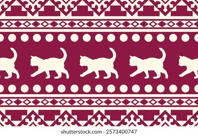 Cat ethnic pattern design. White stripes, darkblue background.Design for wallpaper,carpet, clothing, fashion, fabric.