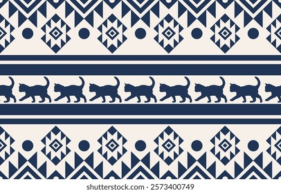 Cat ethnic pattern design. White stripes, darkblue background.Design for wallpaper,carpet, clothing, fashion, fabric.