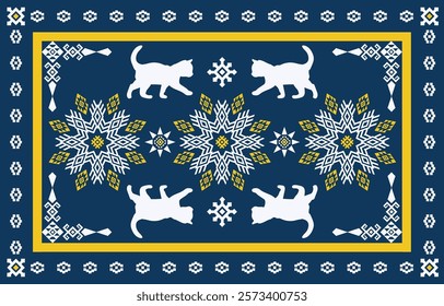 Cat ethnic pattern design. White stripes, darkblue background.Design for wallpaper,carpet, clothing, fashion, fabric.