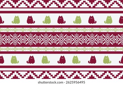 Cat ethnic pattern design. white stripes, colorful background.Design for wallpaper,carpet, clothing, fashion, fabric.