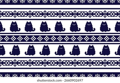 Cat design de padrão étnico. listras brancas, fundo azul.Design para papel de parede, tapete, roupas, moda, tecido.