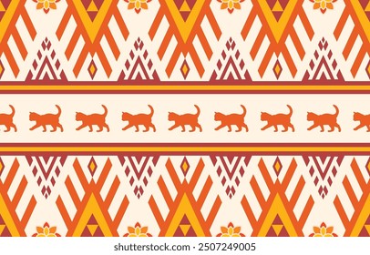 Diseño de patrón étnico de gato. Rayas amarillas y naranjas, fondo blanco. Diseño para Fondo de pantalla, alfombra, ropa, moda, tela.