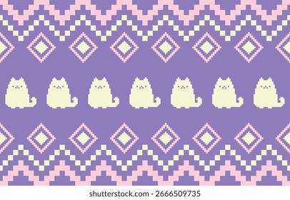 Cat design de padrão de pixel étnico. listras brancas, background.Design colorido para papel de parede, tapete, roupas, moda, tecido.