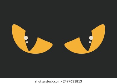 Cat evil yellow eyes on black background. Retro groovy vector 