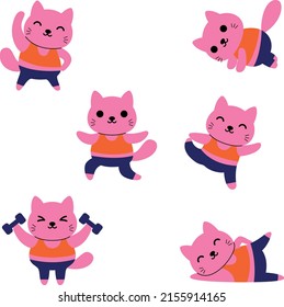 cat exercise flat vector icon color collection set