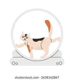 Cat Exercise Wheel for running and climbing. Enhances Pet Fitness. Cat play Wheel. Pet with electronic device. Flat vector illustration isolated on white background.