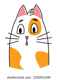 Cat expression. Cartoon pet with cute emotion, creative emoji of home animal. Vector illustration of funny mood of cat with big eyes