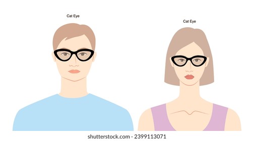 Cat Eye frame glasses on women and men flat character fashion accessory illustration. Sunglass front silhouette style, rim spectacles eyeglasses with lens sketch outline isolated on white background