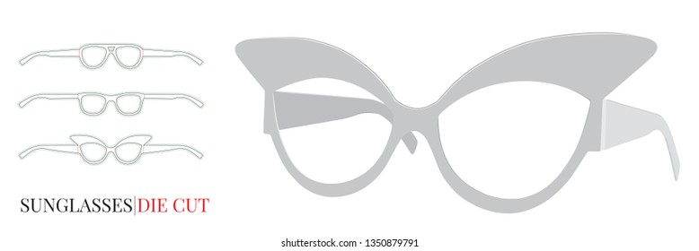 Cat eye glasses template, Vector with die cut, laser cut layers. Sunglasses mock up,  Party Eye Glasses. Cut and Fold. White, blank, isolated Party Sun Glasses on white background, perspective view