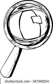 Cat eye looking through magnifying glass in cartoon outline