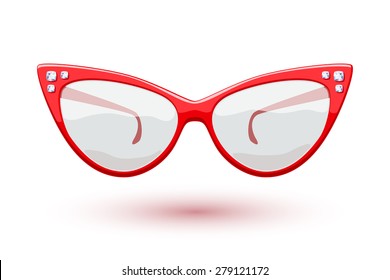 Cat eye red retro glasses with diamonds gemstones illustration. Eye wear logo design.