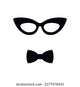 Cat eye sunglasses and black bow tie flat vector drawing illustration. Hand drawn glasses frame silhouette icon. Minimal design, print, banner, card, poster, brochure, hipster logo.
