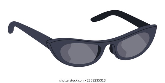 Cat eye sunnies. Trendy fashionable sunglasses, black plastic frame shades. Modern eyewear accessories flat vector illustration