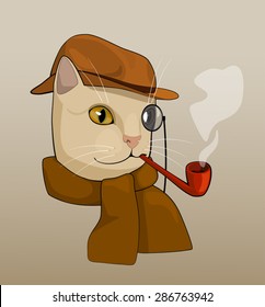 cat with eye-glass, brown hat, pipe and scarf, cartoon drawing