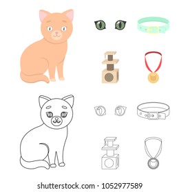 Cat eyes, a collar, a house for a cat, a medal on a ribbon.Cat set collection icons in cartoon,outline style vector symbol stock illustration web.