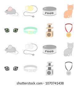 Cat eyes, a collar, a house for a cat, a medal on a ribbon.Cat set collection icons in cartoon,monochrome style vector symbol stock illustration web.