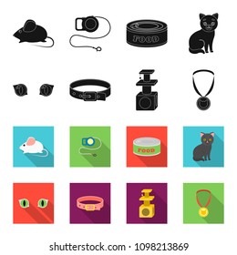 Cat eyes, a collar, a house for a cat, a medal on a ribbon.Cat set collection icons in black,flet style vector symbol stock illustration web.