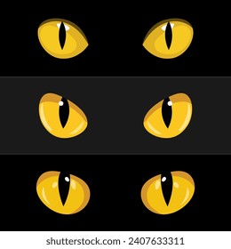 Cat eyes in a dark. Eyes of a cat in the dark. Dangerous eyes of a cat. Cat and wild animals eye vector set