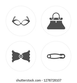 Cat eyes glasses, Bow black, Female black handbag, Safety pin modern icons on round shapes, vector illustration, eps10, trendy icon set.