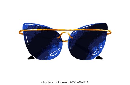 Cat eyes shaped sunglasses with blue lens. Stylish butterfly sun glasses, shades. Female eyewear, fashion eyeglasses. Trendy summer accessory. Flat isolated vector illustration on white background