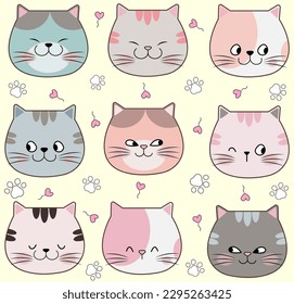 cat face 9 emotions graphic drawing cute illustrations Colorful, simple style, easy on the eyes.