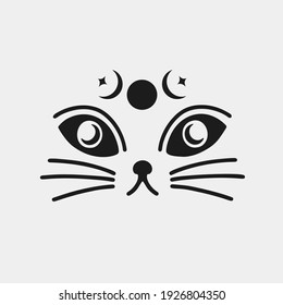 Farbige Mondphänomene der Katze.Silhouette, schwarzes Logo einzeln auf weißem Hintergrund.Whisker-süßes Kätzchen-Zeichen.Vektorgrafik