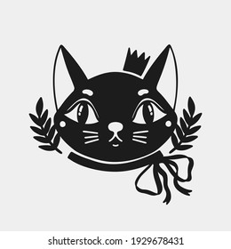 Cat face animalin a crown and with a bow on the neck .Silhouette black logo isolated in white background.Whisker cute kitten sign.Vector illustration