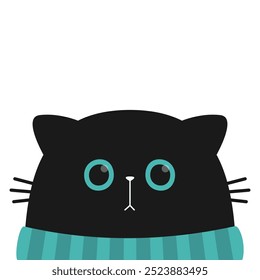 Cat face with big blue eyes. Kitten wearing a sweater. Black silhouette icon. Funny kawaii animal. Cute cartoon pet baby character. Sticker print. Childish style. Flat design. White background. Vector