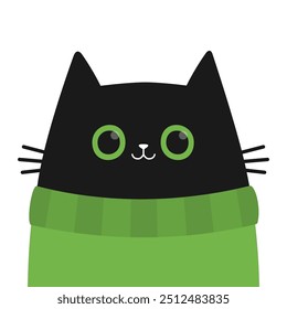 Cat face with big green eyes. Kitten wearing a sweater. Black silhouette icon. Cute cartoon pet baby character. Funny kawaii animal. Sticker print. Childish style. Flat design. White background Vector