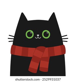 Cat face with big green eyes. Kitten wearing red scarf. Black silhouette icon. Cute cartoon pet baby character. Funny kawaii animal. Sticker print. Childish style. Flat design. White background Vector