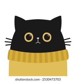 Cat face with big yellow eyes. Kitten wearing a sweater. Cute cartoon pet baby character. Funny kawaii animal. Black silhouette icon. Sticker print. Childish style. Flat design White background Vector